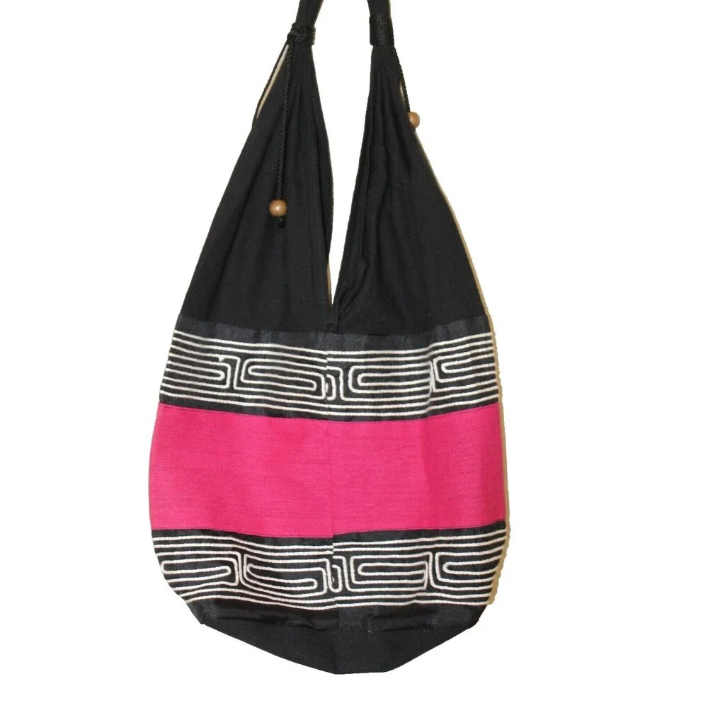 Boho India Hobo Sak Bag Cotton Retro Women's Bead Accent Black/Pink/White
